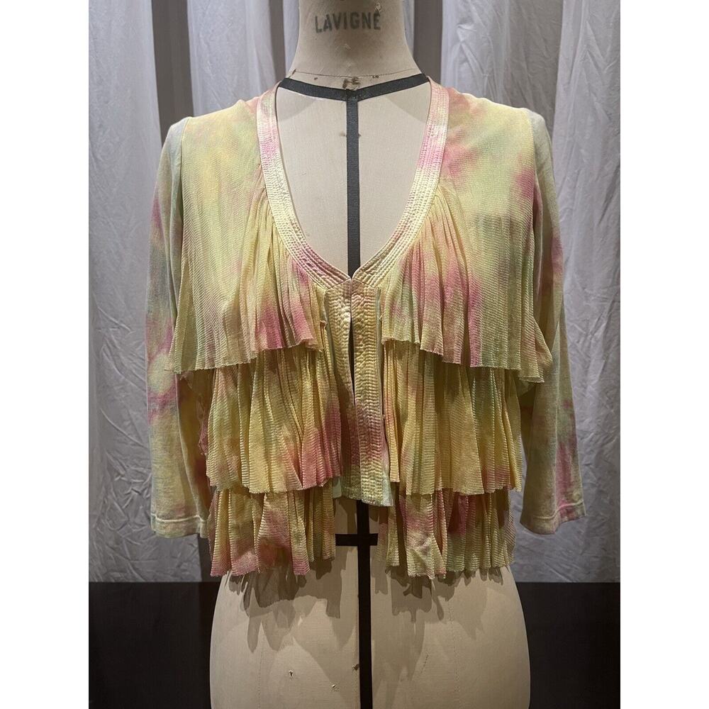 Vintage y2k SILK Mesh Watercolor Dye Ruffle Crop Jacket Cardigan Unworn! M